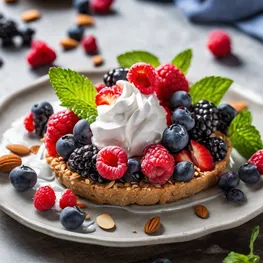 A beautifully plated dessert featuring a colorful assortment of fresh berries, sliced almonds, and a dollop of sugar-free whipped cream, showcasing the idea that delicious and satisfying desserts can be enjoyed while maintaining a mindful approach to managing diabetes.