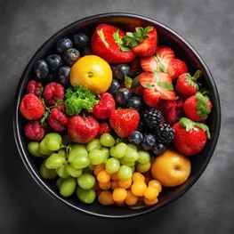 A close-up photograph of a bowl of fresh, colorful fruits and vegetables, emphasizing the variety and natural goodness of these foods for managing blood sugar levels.
