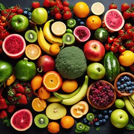 An image of a variety of fresh fruits and vegetables displayed in vibrant colors, highlighting their natural sweetness and health benefits for managing blood sugar levels.