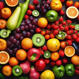 A vibrant still-life photograph of a colorful assortment of fresh fruits and vegetables, showcasing their natural beauty and nutritional value in lowering blood sugar levels.