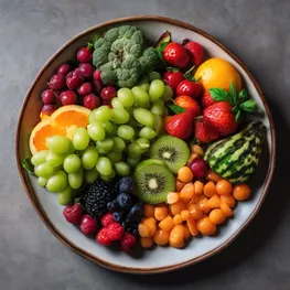 A close-up image of a beautifully arranged plate of colorful, nutrient-rich fruits and vegetables, highlighting the concept of mindful eating for better blood sugar control.