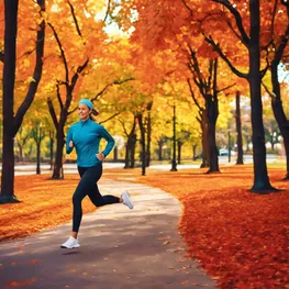 An image of a person jogging through a scenic park with vibrant autumn foliage, highlighting the connection between physical activity and managing blood sugar levels.