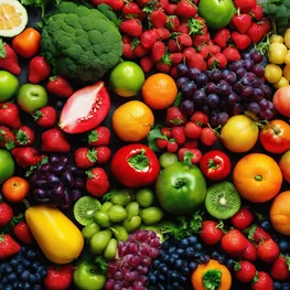 A vibrant composition showcasing a variety of colorful fruits and vegetables, highlighting their natural richness in nutrients and their potential to effectively lower blood sugar levels.