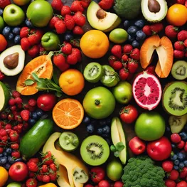 A vibrant collage of fresh fruits and vegetables, showcasing a colorful array of nutrient-rich foods known for their ability to help lower glucose levels naturally.
