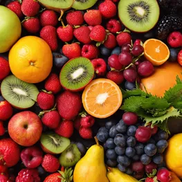 A close-up photograph of a colorful fruit platter, showcasing a variety of fruits known for their natural ability to lower glucose levels.