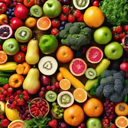 A vibrant collage of colorful fruits and vegetables, showcasing a variety of nutrient-rich options that can help lower glucose levels naturally.