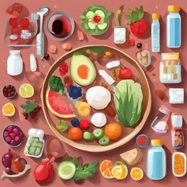 A visual representation of strategies for managing blood sugar during illness, showcasing a diverse array of nutritious foods, a person checking their blood sugar levels, and a selection of medications and supplements that aid in maintaining stable blood sugar levels.