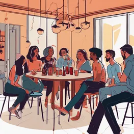 An illustration depicting a group of friends gathered around a table at a social event, with one person discreetly checking their blood sugar levels and making choices accordingly while still enjoying the company and conversation.