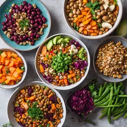 A close-up photograph of a vibrant plate of vegetarian meals that are beneficial for managing blood sugar levels, featuring colorful vegetables, legumes, whole grains, and nuts.