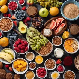 A visual representation of a healthy breakfast spread consisting of whole grains, fruits, vegetables, and lean proteins, showcasing the importance of balanced meals in maintaining stable morning blood sugar levels.