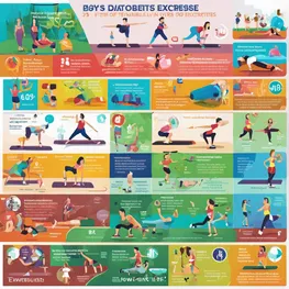 A vibrant infographic displaying various types of exercises specifically tailored for effective diabetes control, showcasing the benefits of each exercise, including improved insulin sensitivity, weight management, and cardiovascular health.