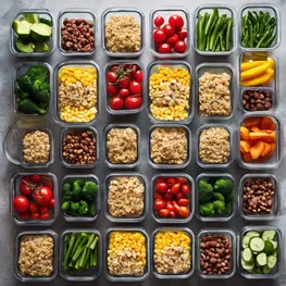 A visually appealing overhead shot of a well-organized meal prepping station with an assortment of colorful containers filled with balanced meals and snacks. Each container showcases a variety of fresh vegetables, lean proteins, and whole grains, all carefully portioned to help maintain stable blood sugar levels.