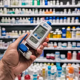 A close-up image of a pharmacist's hand holding a variety of medication bottles, with a glucose meter and test strips in the background, symbolizing the complex relationship between medications and blood sugar levels.