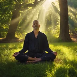 A peaceful image of a person sitting cross-legged on a grassy field, eyes closed in deep meditation, with rays of sunlight shining through the surrounding trees.