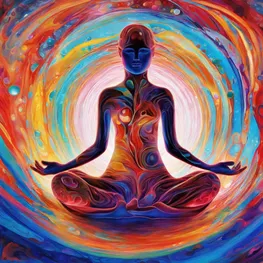 An abstract digital artwork showcasing the mind-body connection, with vibrant colors and swirling patterns representing the flow of energy between the mind and the body. The image features a person in a meditative pose, surrounded by floating glucose molecules that gradually transform into calm and balanced blood sugar levels, symbolizing the stress reduction effects on maintaining healthy blood sugar levels.