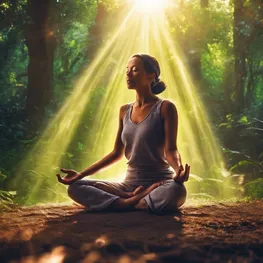 An image of a person meditating in a peaceful setting, surrounded by nature, with rays of sunlight illuminating their serene expression, suggesting the mind-body connection in improving blood sugar control.