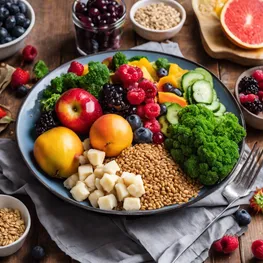 A close-up image of a colorful and nutritious meal plate, featuring a variety of fruits, vegetables, lean proteins, and whole grains, emphasizing the importance of mindful food choices for managing blood sugar levels in adolescents.
