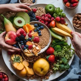 A close-up photograph of a breastfeeding mother's hands holding a plate of colorful fruits, vegetables, and whole grains, highlighting the importance of a balanced diet for managing blood sugar levels while breastfeeding.