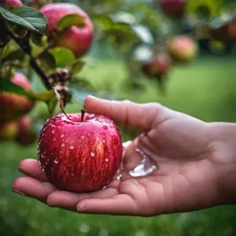 A close-up photograph of a child's hand holding a freshly picked apple, highlighting the vibrant colors of the fruit and the small droplets of water on its surface.
