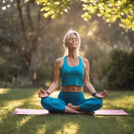 An image of a person with multiple sclerosis practicing yoga in a peaceful outdoor setting, with a focus on their calm and centered expression as they engage in mindful movements and breathwork to help manage their blood sugar levels.