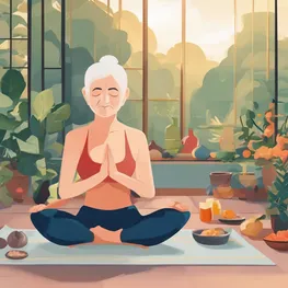 An image of a person with Parkinson's disease engaging in mindful activities to manage their blood sugar levels, such as practicing yoga or meditation, eating a balanced and nutritious meal, and monitoring their glucose levels. The image captures a serene and peaceful atmosphere, emphasizing the importance of mindfulness in overall health and well-being.