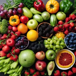 A close-up photograph of a beautifully arranged plate of colorful fruits and vegetables, showcasing the importance of a mindful and balanced diet for managing blood sugar levels during pregnancy.