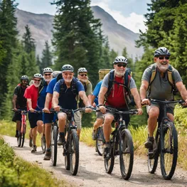 An uplifting image of a group of veterans engaging in outdoor activities such as hiking or cycling, emphasizing the importance of physical exercise in managing blood sugar levels.