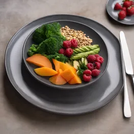 A still-life photograph capturing a beautifully arranged plate of nutritious and balanced foods, highlighting the importance of mindful eating for individuals with eating disorders and diabetes.