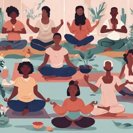 A visual representation of a diverse group of people engaging in mindful activities such as yoga, meditation, and healthy cooking, to promote better blood sugar management in individuals with disabilities.