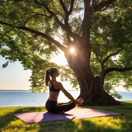 A visually calming image of a person practicing yoga in a peaceful natural setting, with soft sunlight filtering through the trees, symbolizing the importance of mindfulness and stress management in maintaining stable blood sugar levels for individuals with HIV/AIDS.