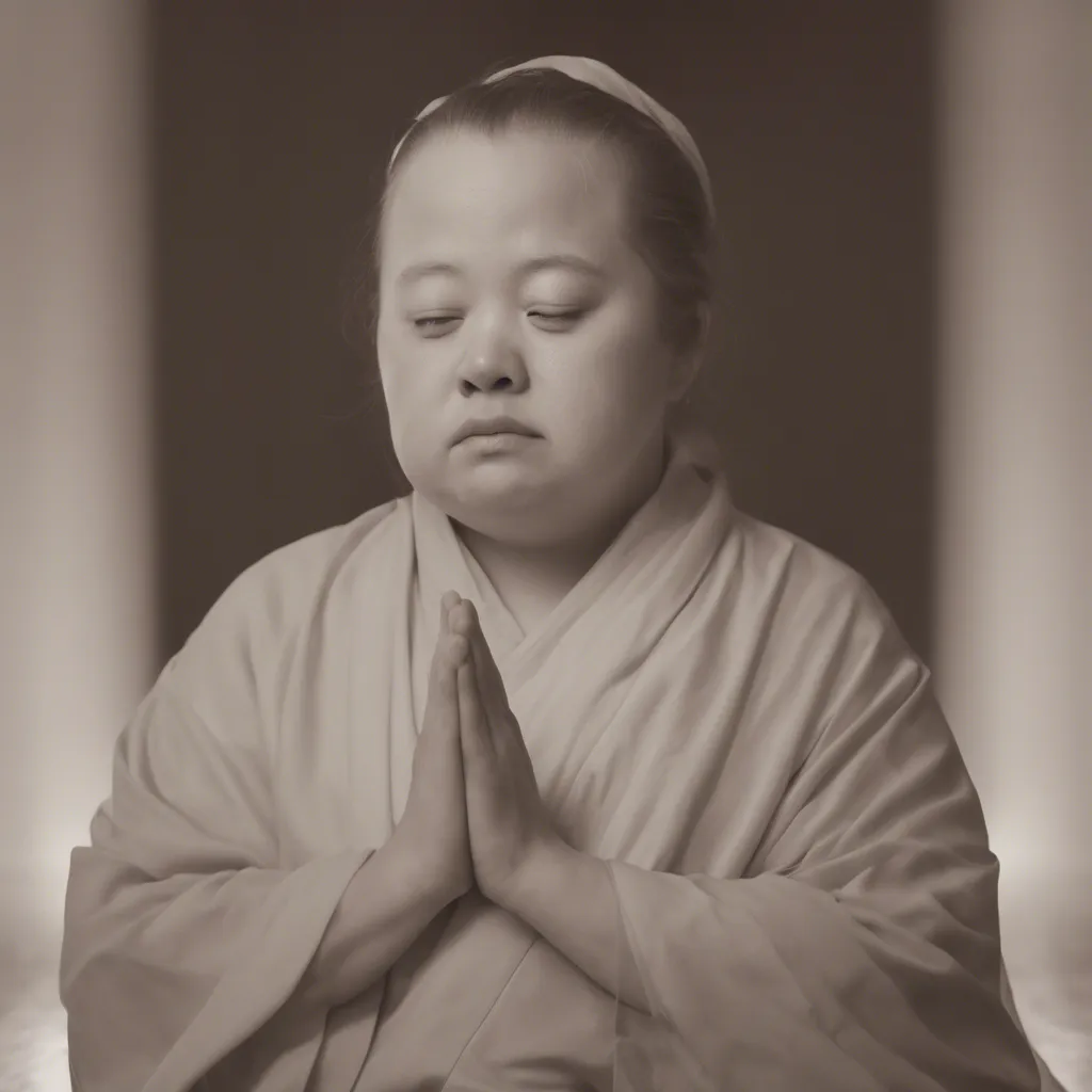 A close-up photograph of a person with Down syndrome engaged in a peaceful and focused meditation practice, with soft light illuminating their serene expression.