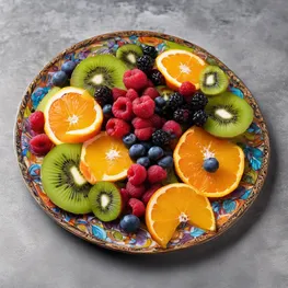 A close-up photograph of a plate of fresh fruits, such as berries, oranges, and kiwi slices, arranged in a beautiful and colorful pattern, showcasing their vibrant colors and natural textures.