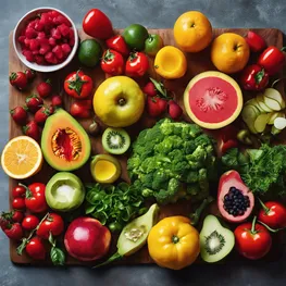 A vibrant, close-up photograph of a colorful array of fresh fruits and vegetables, neatly arranged on a cutting board, showcasing the diverse ingredients used in blood sugar-friendly recipes.