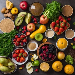A vibrant overhead shot of a well-organized kitchen counter with a variety of fresh fruits, vegetables, and whole grains neatly arranged. The image highlights mindful cooking techniques such as using natural sweeteners, reducing sodium intake, and incorporating high-fiber ingredients for blood sugar-friendly meals.