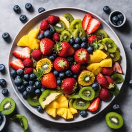 A flat lay photograph of a beautiful fruit platter arranged in an artistic pattern, showcasing a variety of colorful and ripe fruits like strawberries, blueberries, kiwis, and pineapple, emphasizing the natural sweetness and vibrant flavors of these mindful dessert options.