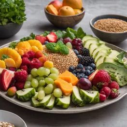 A close-up photograph of a beautifully arranged plate of colorful fruits, vegetables, and whole grains, highlighting the vibrant colors and textures of each ingredient.