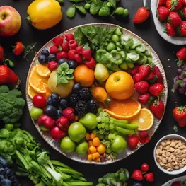 A close-up photograph of a beautifully arranged plate of colorful and nutritious fruits and vegetables, illustrating the importance of mindful eating habits for successful diabetes management.