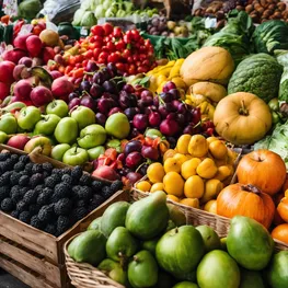A close-up photograph of a farmer's market stall filled with vibrant, organic fruits and vegetables, showcasing the natural colors and textures of these blood sugar-friendly options.