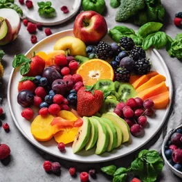 A close-up image of a beautifully arranged plate of colorful, nutrient-rich fruits and vegetables, showcasing the importance of mindful eating habits for maintaining stable blood sugar levels.