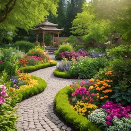 An image of a serene garden with a winding pathway surrounded by vibrant flowers and plants, symbolizing the journey of mindful habits for successful blood sugar management.