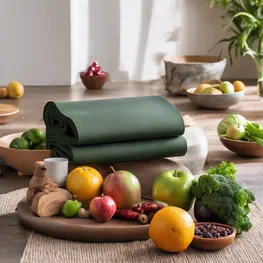 A zen-inspired image of a peaceful meditation space with a yoga mat, a stack of mindfulness books, and a bowl of fresh fruits and vegetables, promoting mindful living for effective blood sugar control.