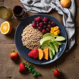 An overhead shot of a perfectly portioned meal on a plate, featuring a balanced combination of colorful fruits, vegetables, lean protein, and whole grains, showcasing how mindful portion control can help manage blood sugar levels.