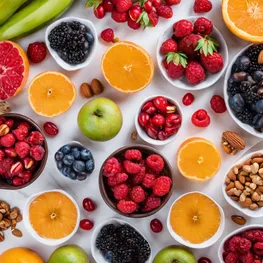 A close-up photograph of a colorful assortment of fresh fruits and nuts, highlighting their vibrant hues and inviting textures as a wholesome and mindful snacking option for better blood sugar control.