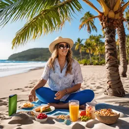 A vibrant image of a sandy beach lined with palm trees, with a diabetic traveler enjoying the view while managing their blood sugar levels with a glucose monitor and healthy snacks.