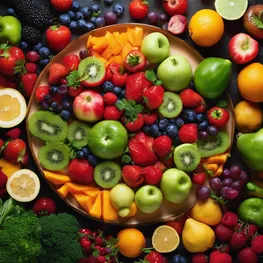 A close-up photograph of a plate filled with colorful, nutrient-rich fruits and vegetables, highlighting the importance of mindful eating for blood sugar control.
