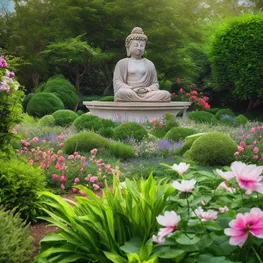 A calming image of a person practicing mindfulness meditation in a peaceful garden, surrounded by blooming flowers and lush greenery, to support blood sugar management.