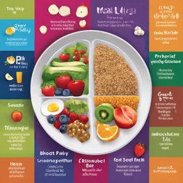 A visually appealing infographic illustrating a balanced meal plate with colorful fruits and vegetables, whole grains, lean proteins, and healthy fats. Each food group is represented by vibrant images to highlight the importance of a well-rounded diet for stable blood sugar levels. The infographic also includes tips on portion control, meal timing, and incorporating physical activity to prevent blood sugar spikes throughout the day.