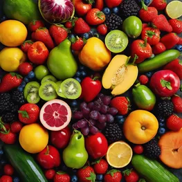 A close-up photograph of a variety of fresh fruits and vegetables arranged in an appealing and colorful way, highlighting their natural sweetness and vibrant hues.