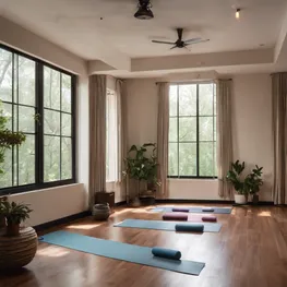 A calming image of a peaceful yoga studio with soft lighting and a tranquil ambiance, inviting individuals to explore the mind-body connection through gentle movement and meditation, promoting stress reduction for natural blood sugar control.