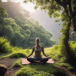 A calming image of a person practicing yoga or meditation in a serene natural setting, emphasizing the connection between emotional well-being and maintaining stable blood sugar levels.